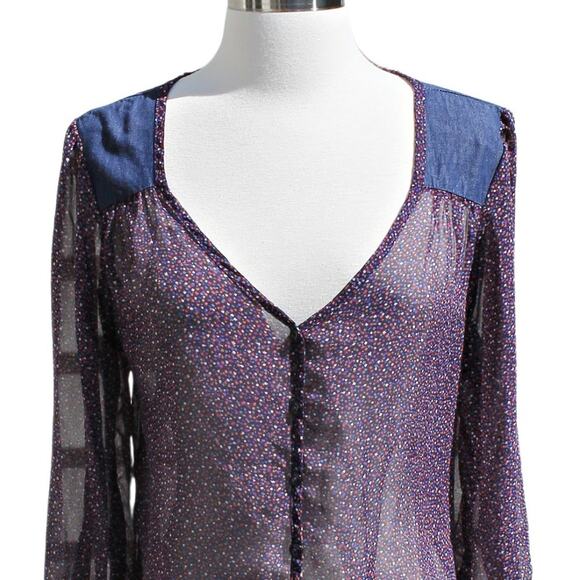 Lily Rose Women's Blouse Denim & Sheer Prairie Cottage Country Indie - Picture 1 of 13